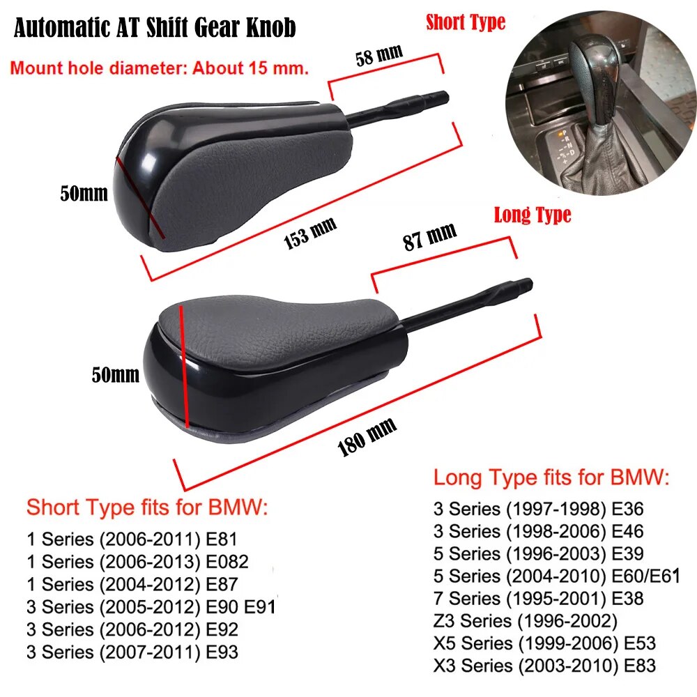 Nouveau pommeau de levier de vitesse automatique court et Long, pour E81 E82 E87 E90 E91 E92 E93 E36 E38 E39 E46 Z4 Z3 E53 X5 X3 E60.