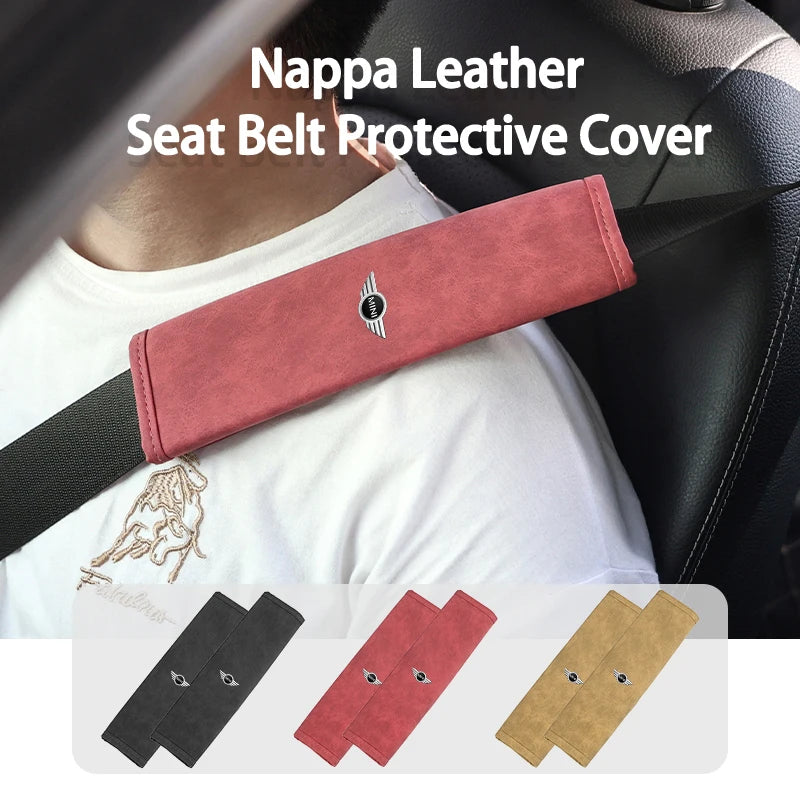 Protecção de cinto para Mini

For MINI Logo 2pcs Car Seat Belt Cover Leather Shoulder Protection Cooper JCW WORKS R55 R56 F55 F56 R57 R58 R59 R60 R50